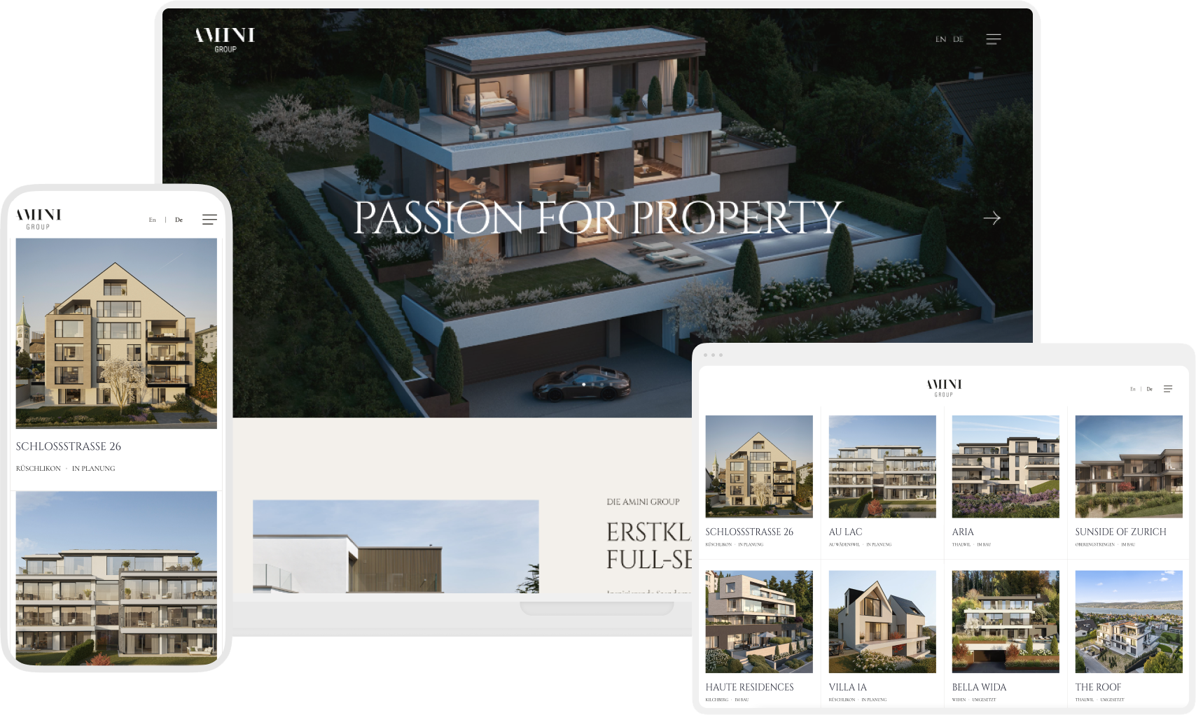 Screenshot der Amini Group Website mit Startseite, individuellem Layout, Navigation und Bildvorspann.