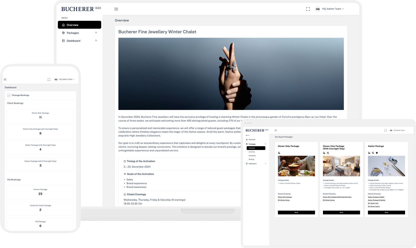 Mockup der Bucherer Buchungsplattform gezeigt auf Desktop- und Smartphone-Bildschirm – modernes, responsives Design.