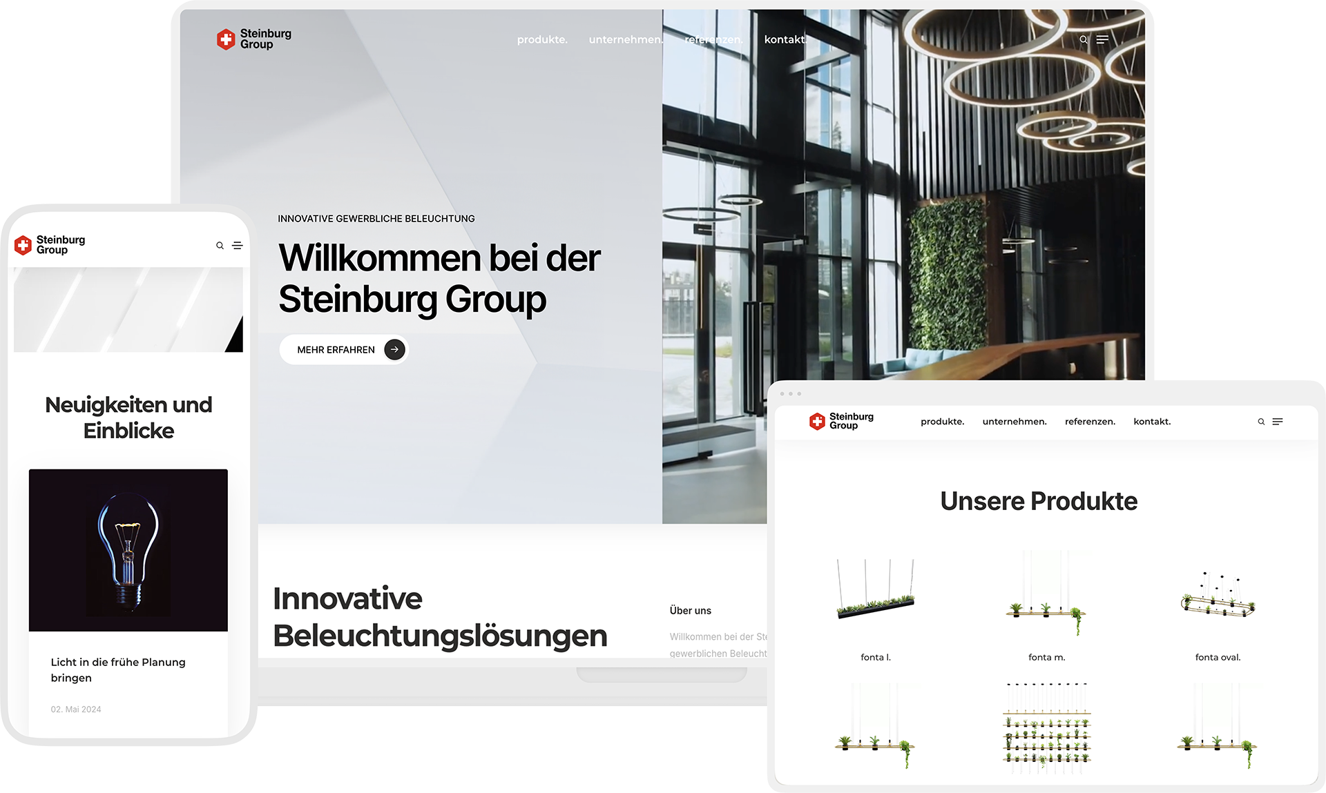 Screenshot der Steinburg Group Website: helle Büro-Halle mit großen Fenstern, dazu Benutzer-Oberfläche mit Such- und Filteroptionen.